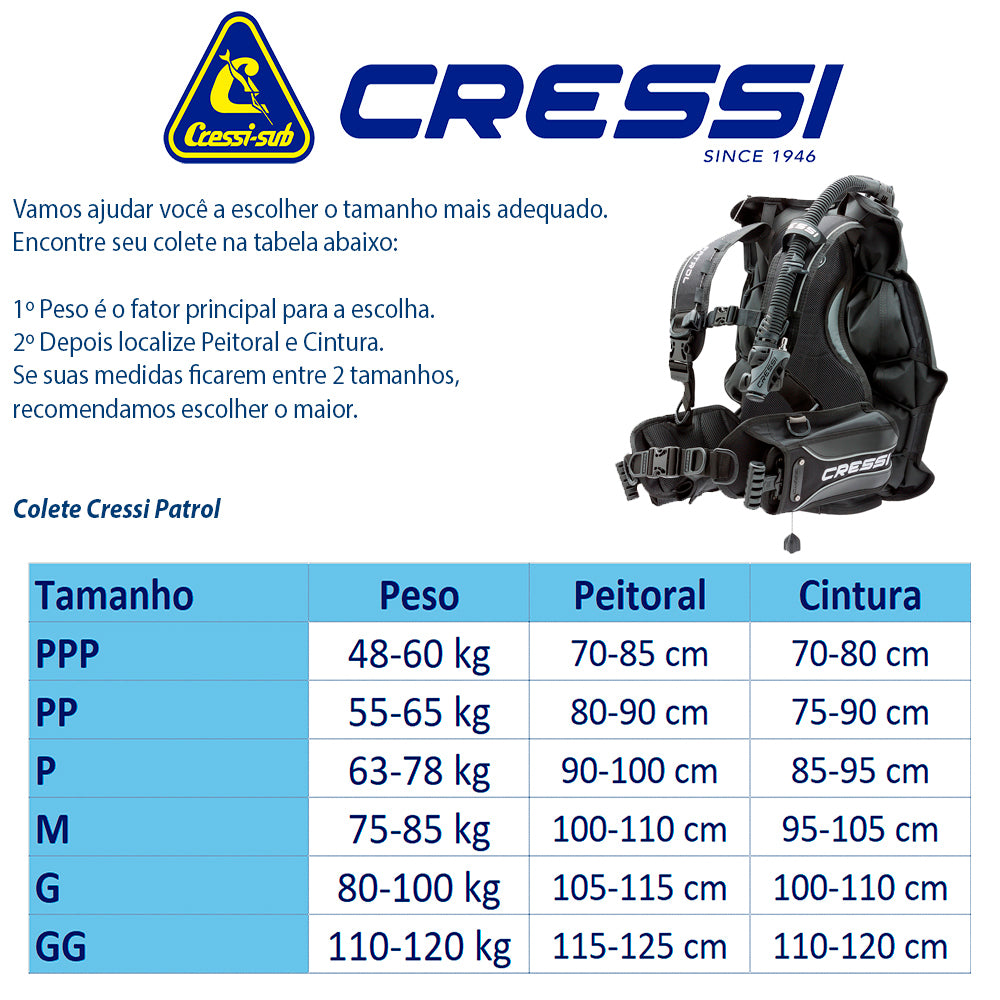 Conjunto de Regulador para Mergulho Cressi AC25 Master Cromo + BC Patrol + Octopus Compact + Manômetro