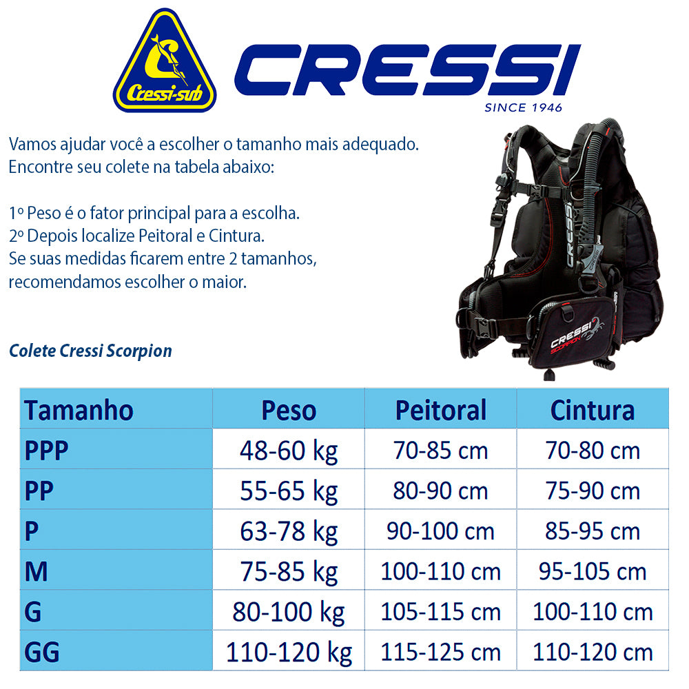 Conjunto de Regulador para Mergulho Cressi AC25 Master Cromo + BC Scorpion + Octopus Compact + Manômetro