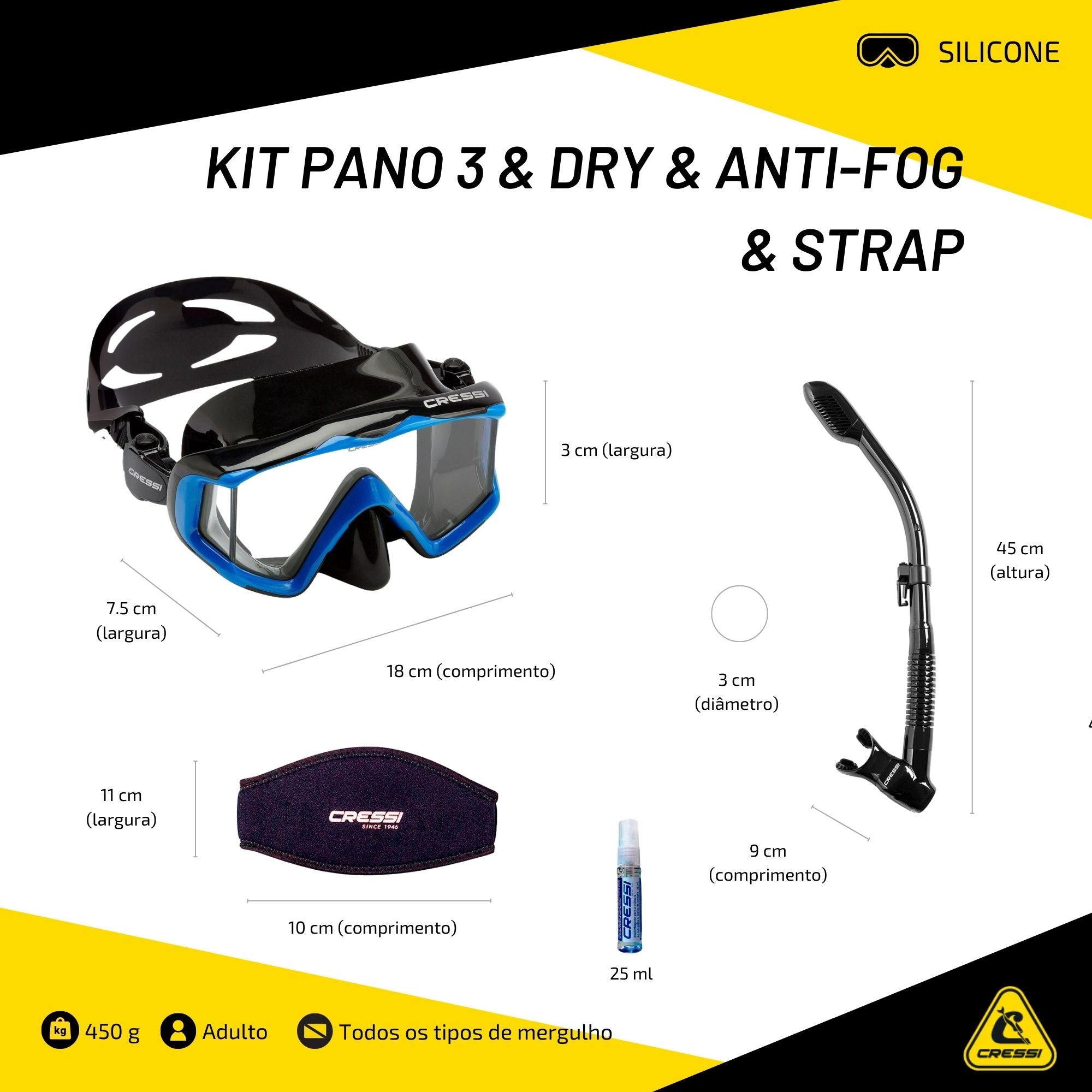 Kit Cressi Pano 3 & Dry & Anti-Fog & Strap